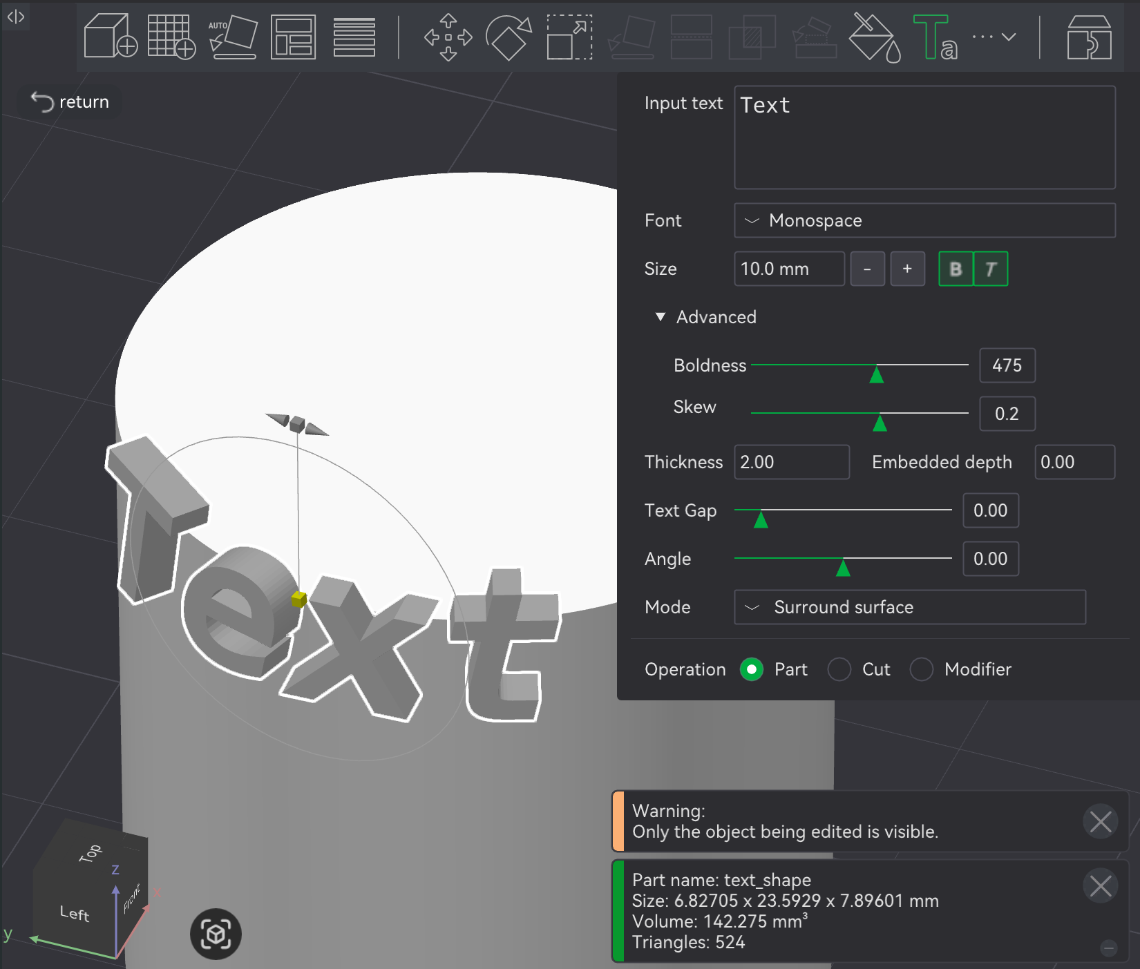 Bambu Studio Prepare screen text on object parameters